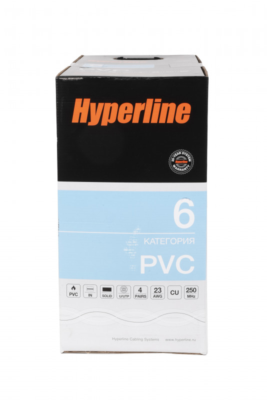 Hyperline UUTP4-C6-S23-IN-PVC-GY-305 (305 м) Кабель витая пара, неэкранированная U/UTP, категория 6, 4 пары (23 AWG), одножильный (solid), с разделителем, PVC, –20°C – +75°C, серый - гарантия: 15 лет компонентная, 25 лет системная