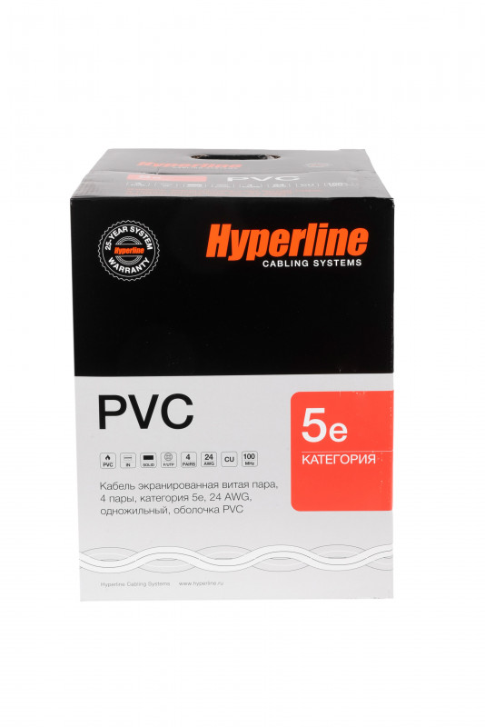 Hyperline FUTP4-C5E-S24-IN-PVC-GY-305 (305 м) Кабель витая пара, экранированная F/UTP, категория 5e, 4 пары (24 AWG), одножильный (solid), экран - фольга, PVC, –20°C – +75°C, серый - гарантия: 15 лет компонентная, 25 лет системная