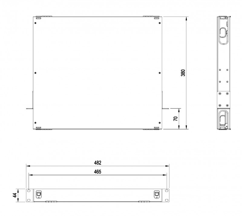 Hyperline FO-19BX-1U-D1-3xSLT-W120H32-EMP Патч-панель 19” универсальная, пустой корпус, 1U, 1 выдвижной лоток (drawer 1U), 3 слота (3х1), вмещает 3 FPM панели с адаптерами или 3 CSS оптические кассеты 120х32 мм